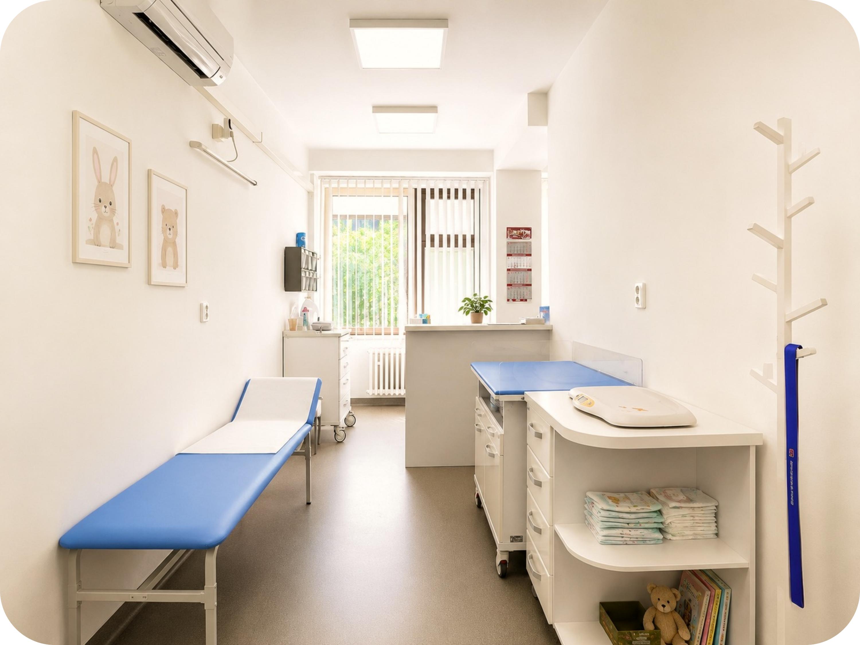 Ošetrovňa s modrým vyšetrovacím ležadlom