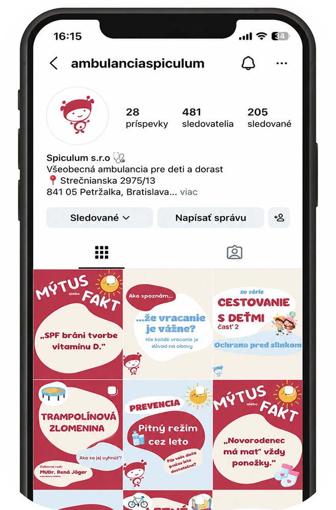 Instagram profil ambulancie Spiculum na mobilnom telefóne